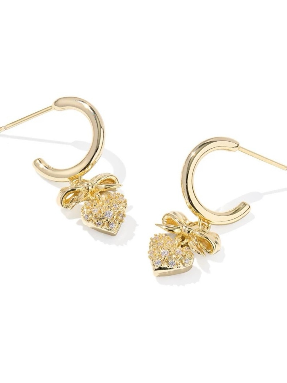 Kendra Scott Belle Bow Huggie Hoop Earrings Gold Cubic Zirconia Heart Charm NWT